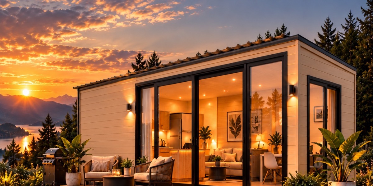 Tiny House de madera y vidrio al atardecer junto al lago